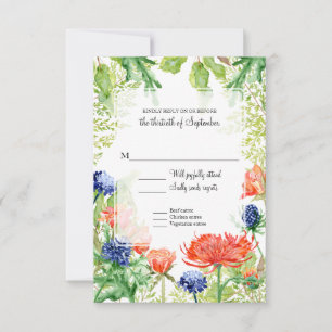 Moderne bloemen Waterverf Coral Blue Foliage Green RSVP Kaartje