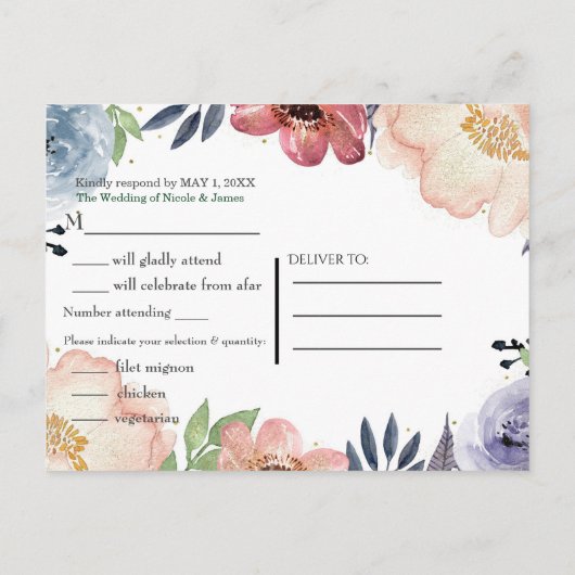 Moderne Bloemen Waterverf Elegant Chic RSVP Bruilo Uitnodiging Briefkaart (Achterkant)