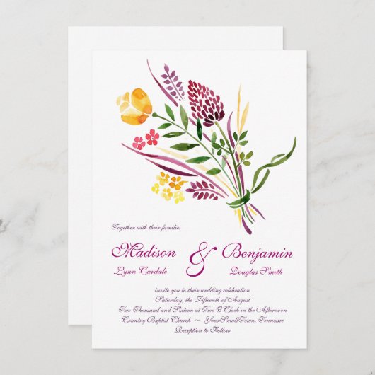 Moderne Bloemen Waterverf Huwelijksuitnodigingen Kaart (Voorkant / Achterkant)