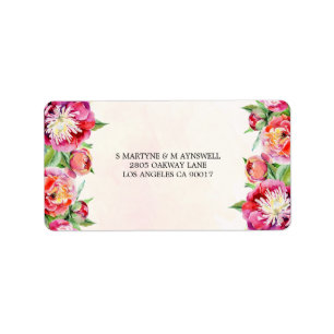 Moderne Bloemen Waterverf Koraal Pioen Bruiloft RS Etiket