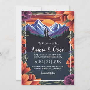 Moderne Bloemen waterverf Mountain Wedding Kaart