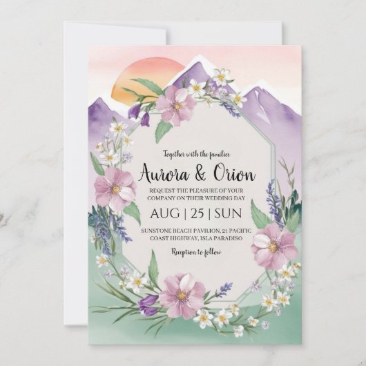 Moderne Bloemen waterverf Mountain Wedding Kaart (Voorkant)