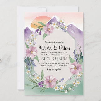 Moderne Bloemen waterverf Mountain Wedding Kaart