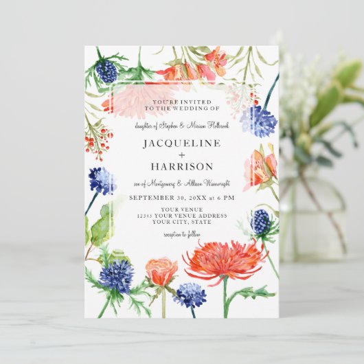 Moderne Bloemen Waterverf Zomerkoraal Mum Thistle Kaart (Staand voorkant)