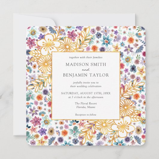 Moderne Bloemen Wit Goud Wildflower Bruiloft Kaart (Voorkant)