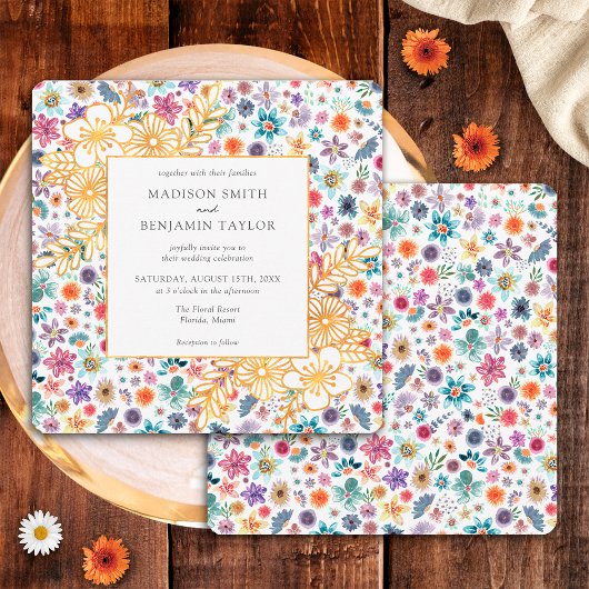 Moderne Bloemen Wit Goud Wildflower Bruiloft Kaart