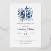 Moderne Bloemen Zilveren Kruis Jongens Eerste Comm Folie Uitnodiging (Voorkant)