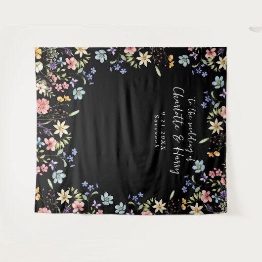 Moderne Bloemen Zwart Bruiloft Foto Achtergrond Wandkleed (Voorkant (horizontaal))