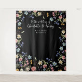 Moderne Bloemen Zwart Bruiloft Foto Achtergrond Wandkleed (Voorkant)