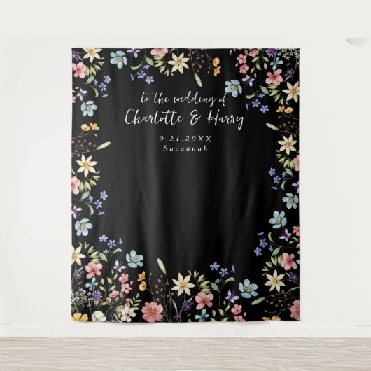 Moderne Bloemen Zwart Bruiloft Foto Achtergrond Wandkleed (Voorkant)