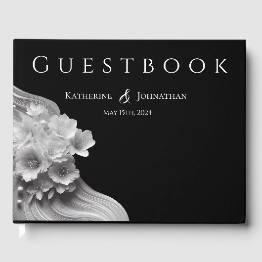 Moderne Bloemen Zwart-wit Bruiloft Gastenboek (Voorkant)