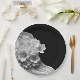 Moderne bloemen zwart-wit bruiloft papieren bordje