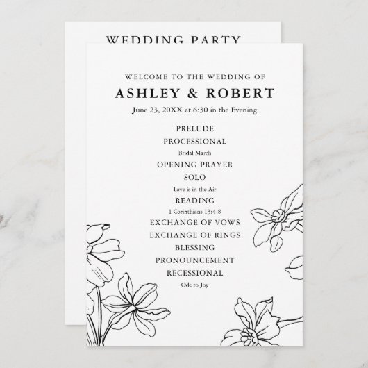 Moderne Bloemen Zwart-wit Bruiloft Programmakaart (Voorkant / Achterkant)