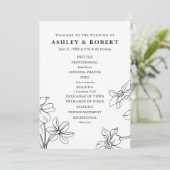 Moderne Bloemen Zwart-wit Bruiloft Programmakaart (Staand voorkant)