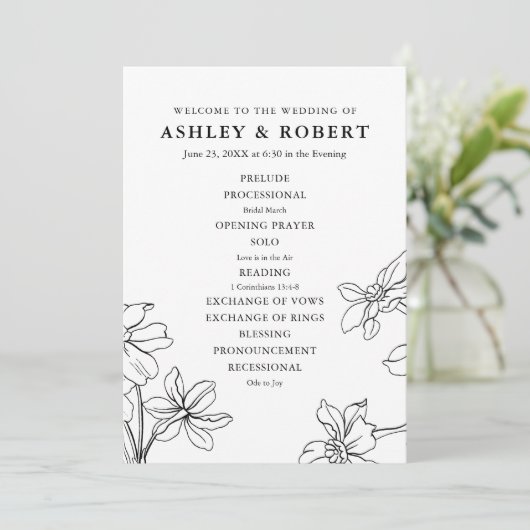 Moderne Bloemen Zwart-wit Bruiloft Programmakaart (Staand voorkant)