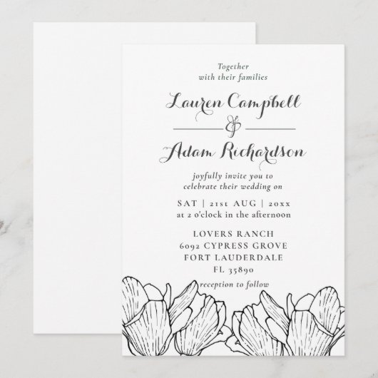 Moderne Bloemen Zwart & Wit Huwelijksuitnodiging Kaart (Voorkant / Achterkant)
