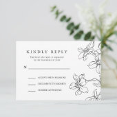 Moderne Bloemen Zwart-wit Reactie, Huwelijk RSVP Kaartje (Staand voorkant)