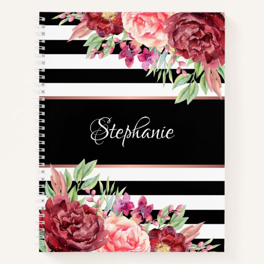 Moderne Bloemen Zwart-Wit Streep Gepersonaliseerd Notitieboek (Voorkant)