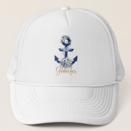 Moderne bloemenblauw nautische strepen naam goud trucker pet