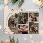 Moderne bloemenboog vreugde in alle dingen vijf fo feestdagenkaart<br><div class="desc">Deze moderne roze bloemenboogvreugde in alles vijf foto vakantiepas heeft een grillig en elegant ontwerp met levendige waterverf-afbeeldingen van rode en roze poinsettia's en delicaat wintergroen. Met chique botanische elementen zoals dennen-, hulst- en winterbessen, voegt het kleurrijke palet van de kaart, inclusief stoffig roos en gouden accenten, een boho-touch toe...</div>