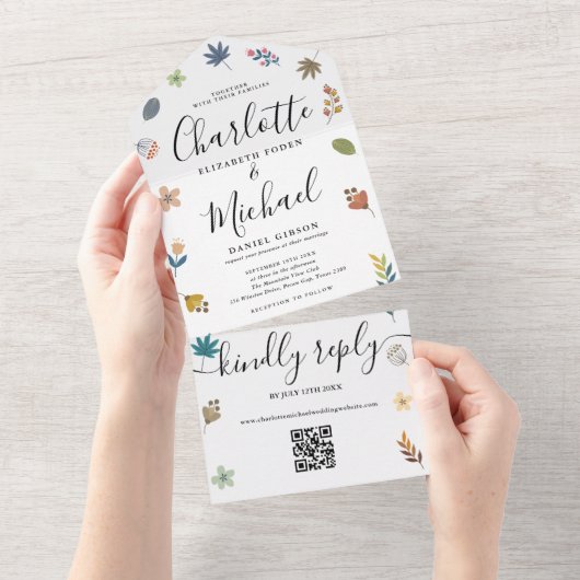 Moderne bloemencode QR-code handtekening script br All In One Uitnodiging (Afscheurbaar)