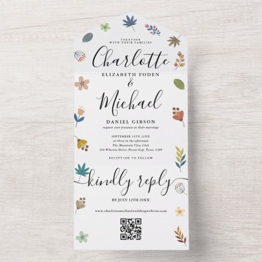Moderne bloemencode QR-code handtekening script br All In One Uitnodiging (Binnen)