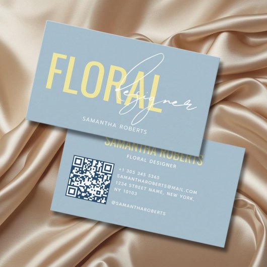Moderne bloemendesigner QR-code blauw geel Visitekaartje