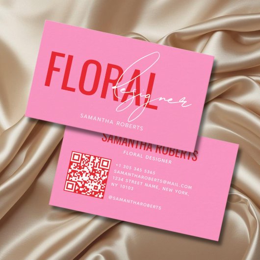 Moderne bloemendesigner QR-code roze Visitekaartje