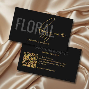 Moderne bloemendesigner QR-code zwart goud Visitekaartje