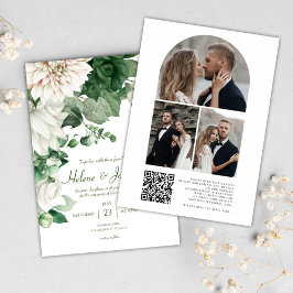 Moderne Bloemenfoto QR Code Smaragd Groene Bruilof Kaart