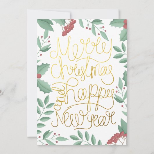 Moderne bloemengouache met gouden schrift kerstkaa (Voorkant)