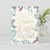 Moderne bloemengouache met gouden schrift kerstkaa (Staand voorkant)