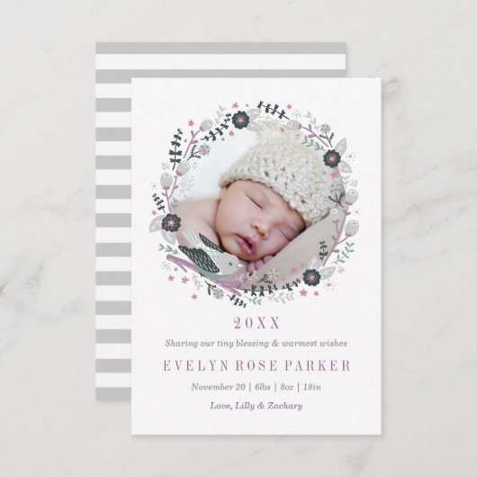 Moderne bloemengrans geboorteaankondiging aankondiging (Voorkant / Achterkant)