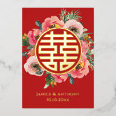 Moderne bloemenkrans dubbele xi chinese bruiloft folie uitnodiging (Voorkant)