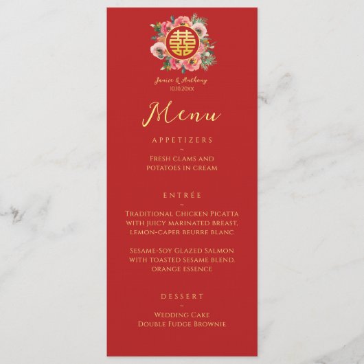 Moderne bloemenkrans dubbele xi chinese bruiloft menu (Voorkant)