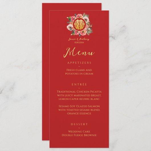 Moderne bloemenkrans dubbele xi chinese bruiloft menu (Voorkant / Achterkant)