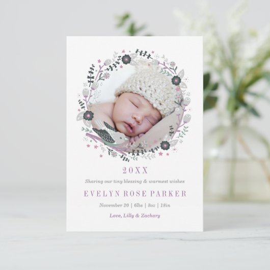 Moderne bloemenkrans geboorteaankondiging aankondiging (Staand voorkant)