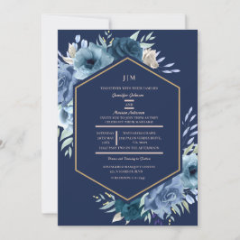 Moderne Bloemenmarine Blauw en Gouden Bruiloft Kaart