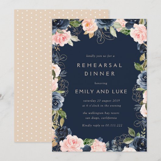 Moderne bloemenmarine en blos repetitie diner kaart (Voorkant / Achterkant)