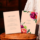 Moderne bloemenperzik bruiloft details kaart