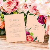 Moderne bloemenperzik bruiloft details kaart