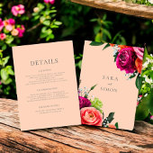 Moderne bloemenperzik bruiloft details kaart
