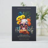 Moderne Bloemenschedel Halloween Party Kaart (Staand voorkant)