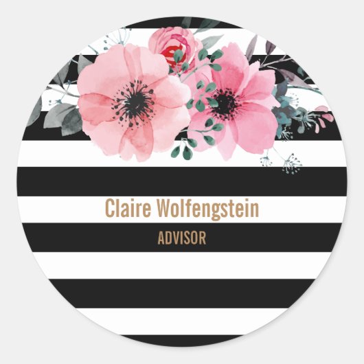 Moderne bloemenstrepen ronde sticker (Voorkant)
