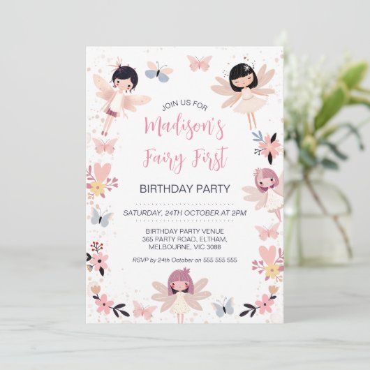 Moderne Bloemenvlinderfee Eerste Verjaardag Kaart (Staand voorkant)