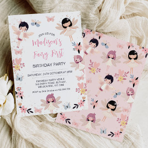 Moderne Bloemenvlinderfee Eerste Verjaardag Kaart