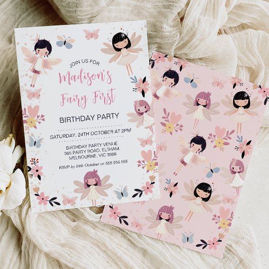 Moderne Bloemenvlinderfee Eerste Verjaardag Kaart