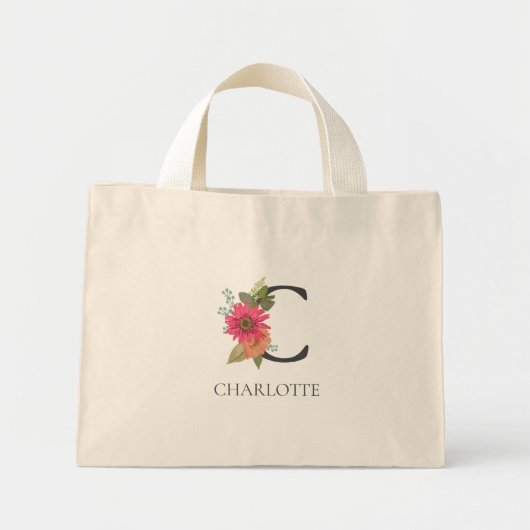 Moderne bloemenvormgeving Aanpasbare Monogram Mini Mini Tote Bag (Voorkant)