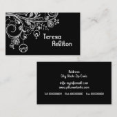 Moderne bloemenwervelingen & vogels zwart, wit visitekaartje (Voorkant / Achterkant)