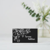 Moderne bloemenwervelingen & vogels zwart, wit visitekaartje (Staand voorkant)